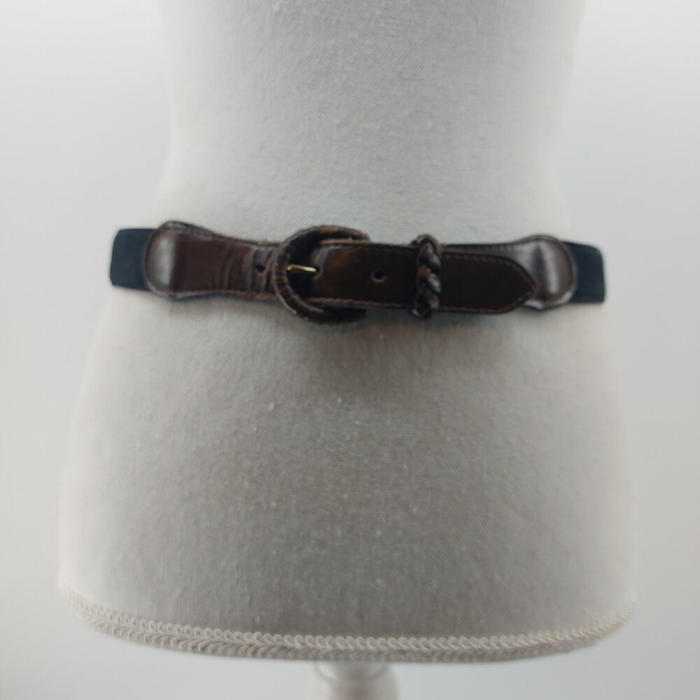 Talbots Black Suede Belt Brown Tip Weaved Buckle USA Size M